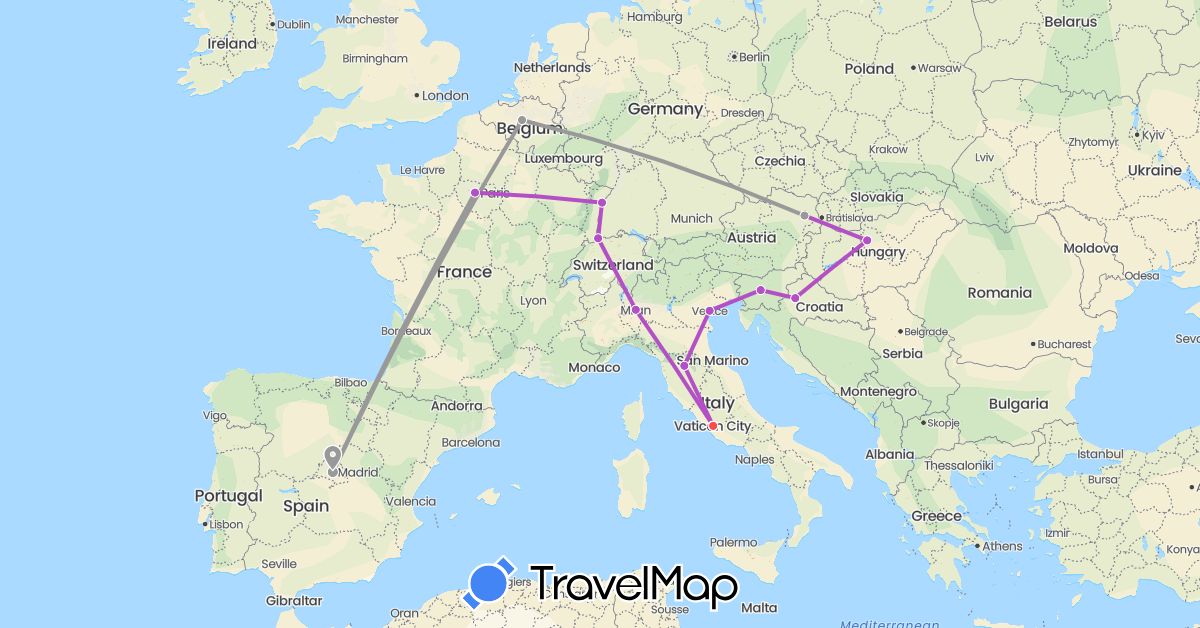 TravelMap itinerary: driving, plane, train, hiking in Austria, Belgium, Switzerland, Spain, France, Croatia, Hungary, Italy, Slovenia, Vatican City (Europe)