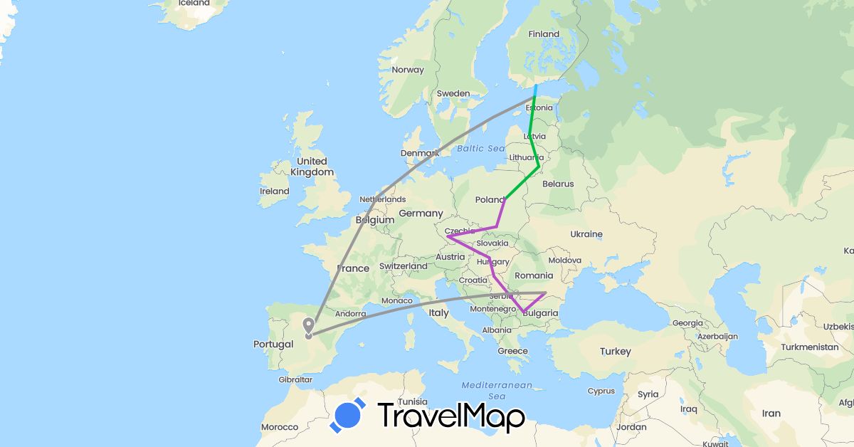 TravelMap itinerary: driving, bus, plane, train, boat in Bulgaria, Czech Republic, Estonia, Spain, Finland, Hungary, Lithuania, Latvia, Netherlands, Poland, Romania, Serbia, Slovakia (Europe)