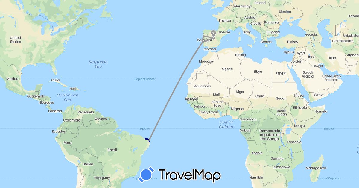 TravelMap itinerary: driving, plane in Brazil, Spain, Portugal (Europe, South America)