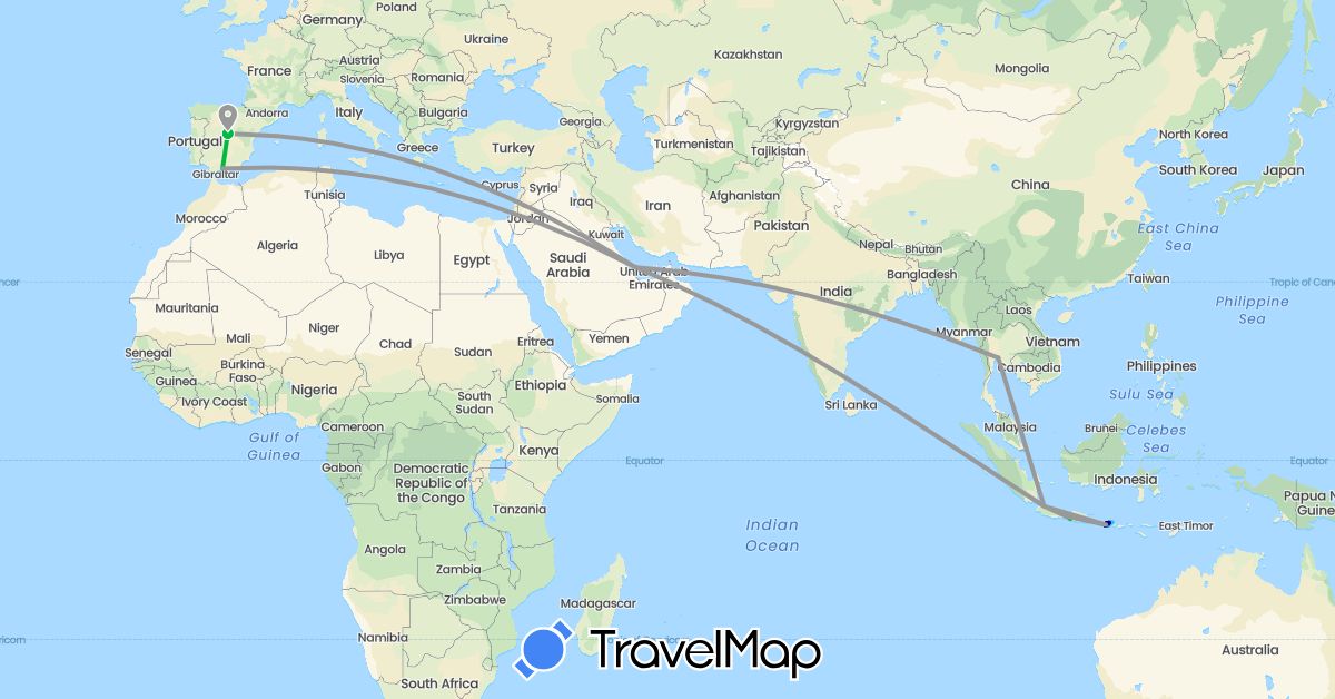TravelMap itinerary: driving, bus, plane, boat in Spain, Indonesia, Qatar, Thailand (Asia, Europe)