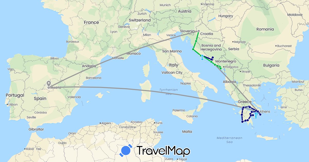 TravelMap itinerary: driving, bus, plane, boat in Bosnia and Herzegovina, Spain, Greece, Croatia, Montenegro (Europe)